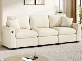 Kanapa 3-miejscowa nowoczesna - z poduszkami i stolikiem składanym - zawiera porty USB i uchwyt na napoje - tkanina typu chenille - beżowy