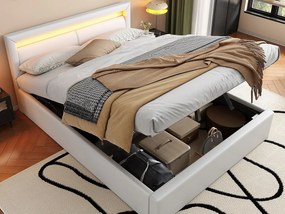Łóżko z pojemnikiem 140x190cm - z LED - z ekoskóry - z stelażem lamelowym - Biały