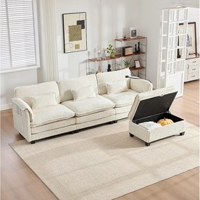 Sofa 3-osobowa, sofa narożna z portem USB, kieszeniami bocznymi i uchwytem na telefon - Beżowy szenil