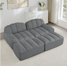 Canapé 2 places modulable en velours côtelé - avec 2 pouf - 68cm d'assise profonds - 210x165x79cm - Gris