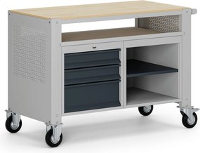 Mobilny stół warsztatowy G9, 2 półki, 3 szuflady, 1180 x 595 x 865-1130 mm, szary/grafitowy