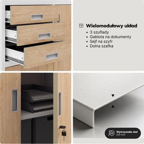 Szafa biurowa metalowa z sejfem biała/dąb sonoma, 900x1850x400 mm: FILIP II Eco Design