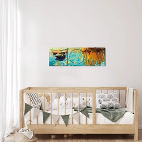 Obraz - Jezioro z łodziami (z zegarem) (90x30 cm)