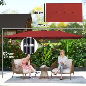 Outsunny Duży parasol przeciwsłoneczny, regulowana wysokość, nachylany, 150x295x170-214 cm, bordowy | Aosom PL