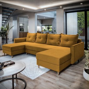 Masseno Narożnik VERNI z funkcją spania i pojemnikiem na pościel Narozniki U, Rozkładana sofa - Żółty, KRONOS 01