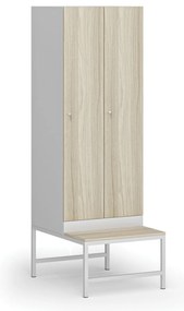 Szafka ubraniowa S1 z ławką, 2-drzwiowa, 1875 x 600 x 500/800 mm, zamek cylindryczny, drzwi laminowane, dąb naturalny