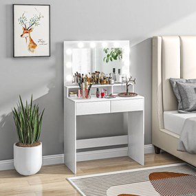 HOMCOM Toaletka z oświetlonym lustrem, szufladami, 3 opcje światła, 10 żarówek, nowoczesna toaletka w kolorze białym