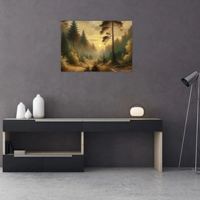 Obraz na szkle - Słońce świecące przez las (70x50 cm)