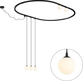 Nowoczesny owalny system szynowy czarny z 3 lampami wiszącymi i 2 lampami sufitowymi białymi 1-fazowy - Iconic Perle