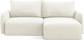 Kremowy aksamitny rozkładany narożnik ze schowkiem (prawostronny/z szezlongiem) Kalena – Makamii