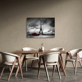 Obraz na szkle - Wieża Eiffla i czerwony samochód (70x50 cm)