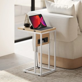 HOMCOM Składany stolik boczny, stacja ładująca z portami USB, metal, 39 x 29 x 57 cm, kolor drewna | Aosom PL