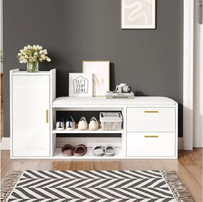 Szafka na buty z 2 szufladami + 1 szafką + siedzisko tapicerowane - 128 x 30 x 68 cm - płyta wiórowa - biała