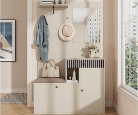 Zestaw na ubrania do przedpokoju 110x37x185,5 cm - z lustrem i wieszakami - Szafa na buty i ławka butowa - Beżowy