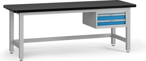 Stół warsztatowy G4 z szafką na narzędzia, blat MDF + PCV, 2 szuflady, 2100 x 750 x 800 mm, niebieski