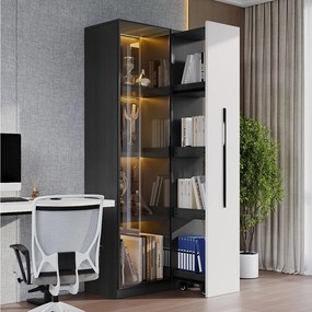 Witryna z drzwiami szklanymi i diodami LED - 70 x 40 x 160 cm - z przesuwaną półką boczną - MDF - czarny + biały