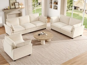 Modułowy zestaw sof 3+2+1 „efekt chmury” z tkaniny szenilowej, sofa 3-osobowa, 2-osobowa i fotel ergonomiczny, styl nowoczesny - beżowy