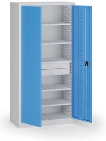 Szafa warsztatowa, 5 półek + 2 szuflady, 1950 × 950 × 500 mm, niebieskie drzwi