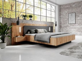 Łóżko z szafkami nocnymi 140 x 190 cm - 2 szuflady - Z oświetleniem LED - Kolory: Naturalny i antracytowy + Stelaż - FRANCOLI