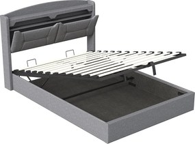 Łóżko z pojemnikiem na pościel o wymiarach 140x200 cm, dużą przestrzenią do przechowywania, wielofunkcyjnym zagłówkiem i oświetleniem LED RGB –jasnoszarym