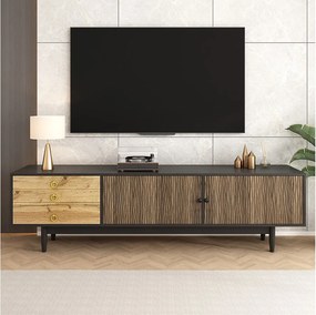 Szafka RTV 180 cm z 3 szufladami do przechowywania i 2 drzwiami z falistym efektem - Czarna i drewniana