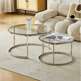 Zestaw stolików kawowych MILA – Hartowane szkło przezroczyste i srebrny metal