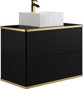Szafka łazienkowa wisząca prążkowana ze złotą obwódką z umywalką nablatową - Czarny - 80 cm - KELIZA