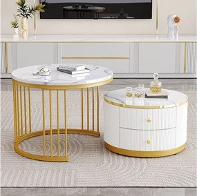 Zestaw 2 stolików kawowych z 2 szufladami - 60 x 60 x 45,5 cm + 50 x 50 x 32 cm - Lśniący wygląd marmuru - MDF - Złoty i biały