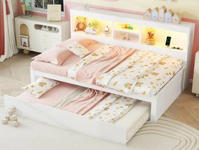 Łóżko banquette 90x200cm z łóżkiem wysuwanym 90x190cm - szafka nocna z oświetleniem LED i gniazdami - Biały