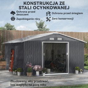Outsunny Szopa Ogrodowa, Wodoodporny Domek na Narzędzia Ogrodowe, z Oknami Wentylacyjnymi, Drzwiami Przesuwnymi, Stal, Węgielny Szary