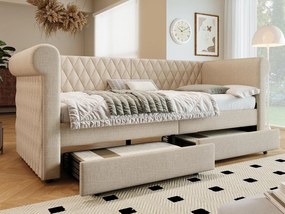 Łóżko z kanapą z 2 szufladami z lnu - 90x200cm - z stelażem na listwach - Beżowe