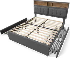 Łóżko dla dorosłych 160x200 cm - z zagłówkiem i schowkiem, 4 szuflady, USB/Typ-C, stelaż - lniane - szare - materac w cenie