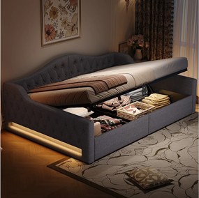 Sofa rozkładana 140x200 cm, szary len, łóżko z pojemnikiem, listwą oświetleniową LED i stelażem - bez materaca