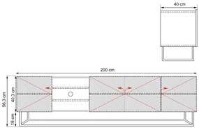 Szafka RTV Asha 200 cm ryflowana z wnęką i metalowym, kaszmirowym stelażem - kaszmir