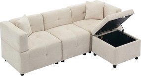 Narożnik z pufem ze schowkiem - beżowy szenil - ergonomiczne, wyściełane oparcie, do salonu lub biura