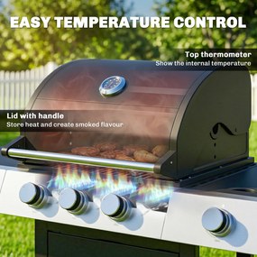 Outsunny Grill gazowy 10,5 kW 3+1 palniki BBQ wózek stal nierdzewna z bocznym palnikiem, otwieraczem do butelek i termometrem | Aosom PL