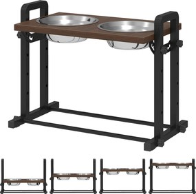 PawHut Podwyższana miska dla psa z 4 regulacjami wysokości, miska z stojakiem, 2 x 1,2 L miski ze stali nierdzewnej, 3 regulowane kąty, Brązowy | Aosom PL