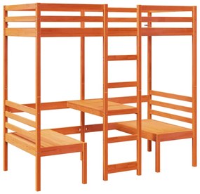 Sosnowe łóżko piętrowe z biurkiem i krzesłami brąz 90x190 R8-T67