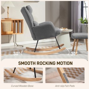 HOMCOM Fotel bujany z podnóżkiem, miękkie pokrycie polarowe, drewniane nogi, poduszka, wysokie oparcie, fotel bujany, ciemnoszary