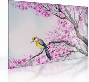Obraz na szkle - ptak na drzewie z różowymi kwiatami (70x50 cm)