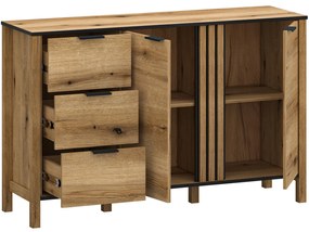 Komoda Dwudrzwiowa z Szufladami i Lamelami Drewniana do Salonu VERVE 138 cm Dąb Evok Klasyczna Loft