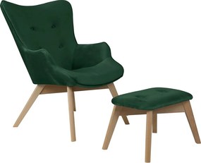 Ciemnozielony aksamitny fotel z podnóżkiem Niko – Ropez