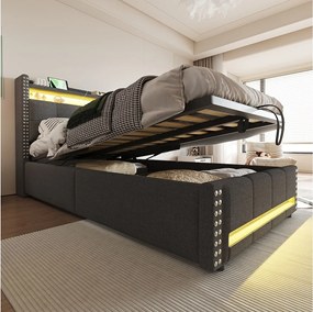 Tapicerowane łóżko ze schowkiem dla dzieci - 90 x 200 cm - z diodami LED + USB + zagłówek ze schowkiem - len + metal + sklejka + MDF - szary