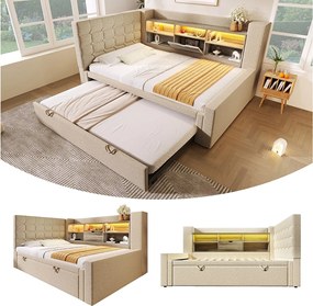 Łóżko tapicerowane 90 x 200 cm z wysuwaną sofą 90 x 190 cm - z oświetleniem LED + zagłówek ze schowkiem - len - beż