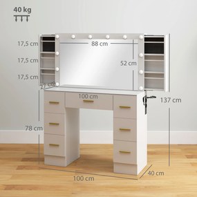 HOMCOM Toaletka z lustrem i 12 lampami LED, toaletka z 7 szufladami, 6 ukrytymi schowkami, płyta wiórowa, Biały