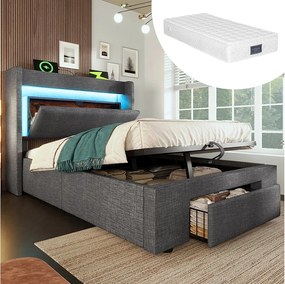 Łóżko tapicerowane hydrauliczne ze schowkiem - 90 x 200 cm - ze schowkiem na pościel w zagłówku + diody LED + USB + szuflada - pościel - szare (z materacem)