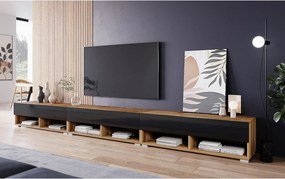 Nowoczesna szafka RTV 300 cm z LED – bezuchwytowa, korpus dąb wotan, fronty czarny połysk Polygloss, stojąca lub wisząca