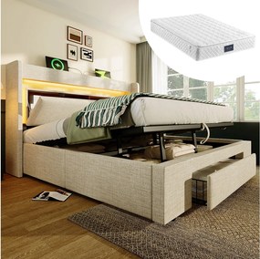 Łóżko tapicerowane hydrauliczne ze schowkiem - 140 x 200 cm - ze schowkiem na pościel w zagłówku + diody LED + USB + szuflada - pościel - beżowe (z materacem)
