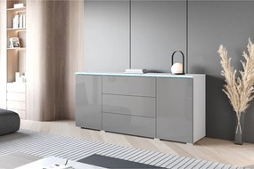 Nowoczesna komoda 150 cm do salonu z LED – korpus biały mat, fronty szary połysk, 3 szuflady i 2 szafki