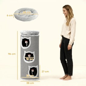 PawHut Beczka do drapania dla kotów, 96 cm, 4-poziomowa wieża dla kotów z możliwym do prania łóżkiem, 3 sypialnie, wiszące zabawki, dla wielu kotów Szary